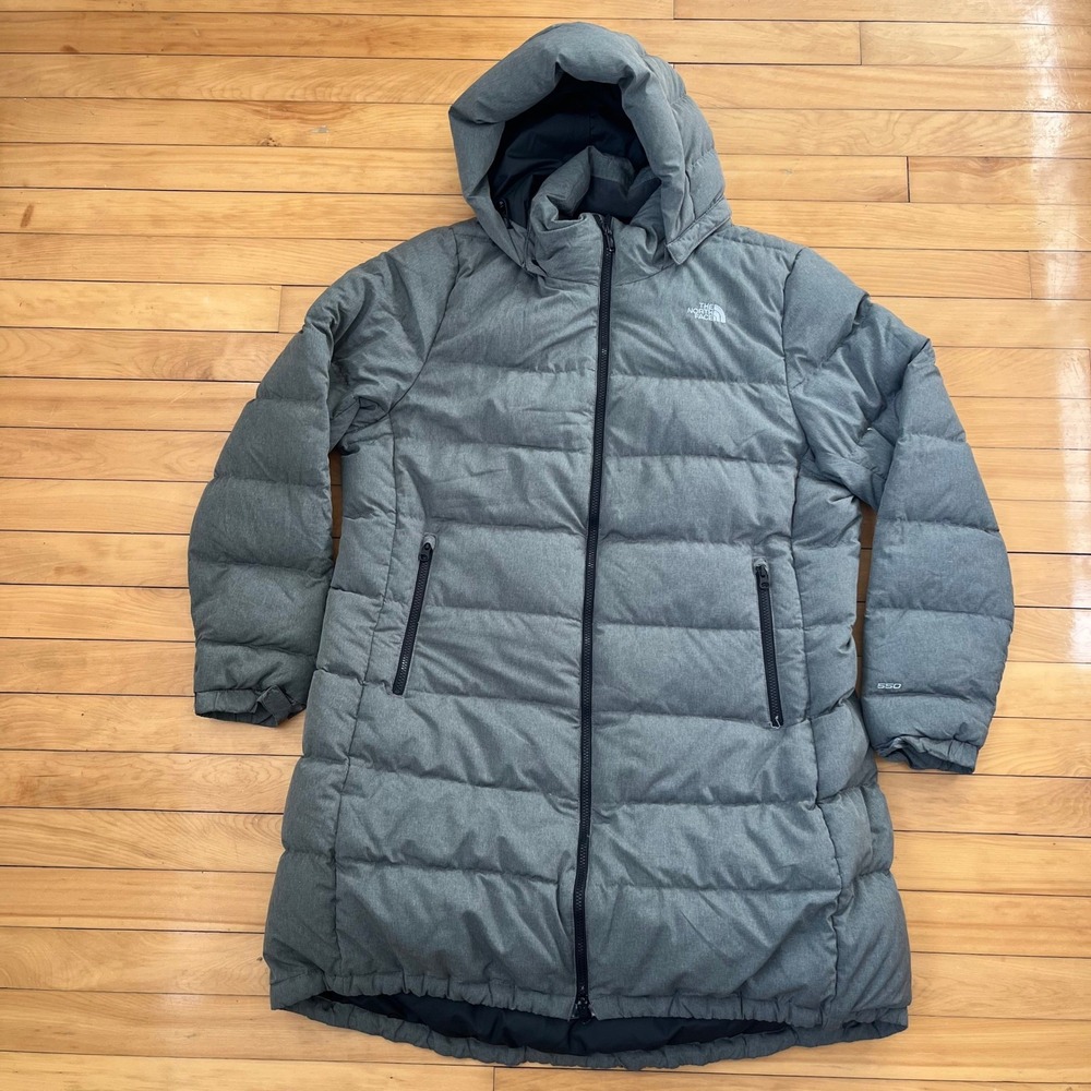 The North Face Womens 550 Down Puffer Parka Jacket Grey Heather XXL Long Hooded
